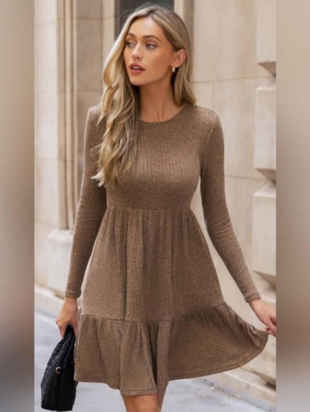 Cupshe Brown Ribbed Knit Long Sleeve Flounce Mini Dress BRAND NEW
